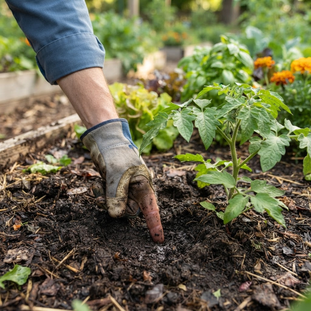 Gardener performing the finger test in the soil to check moisture levels.