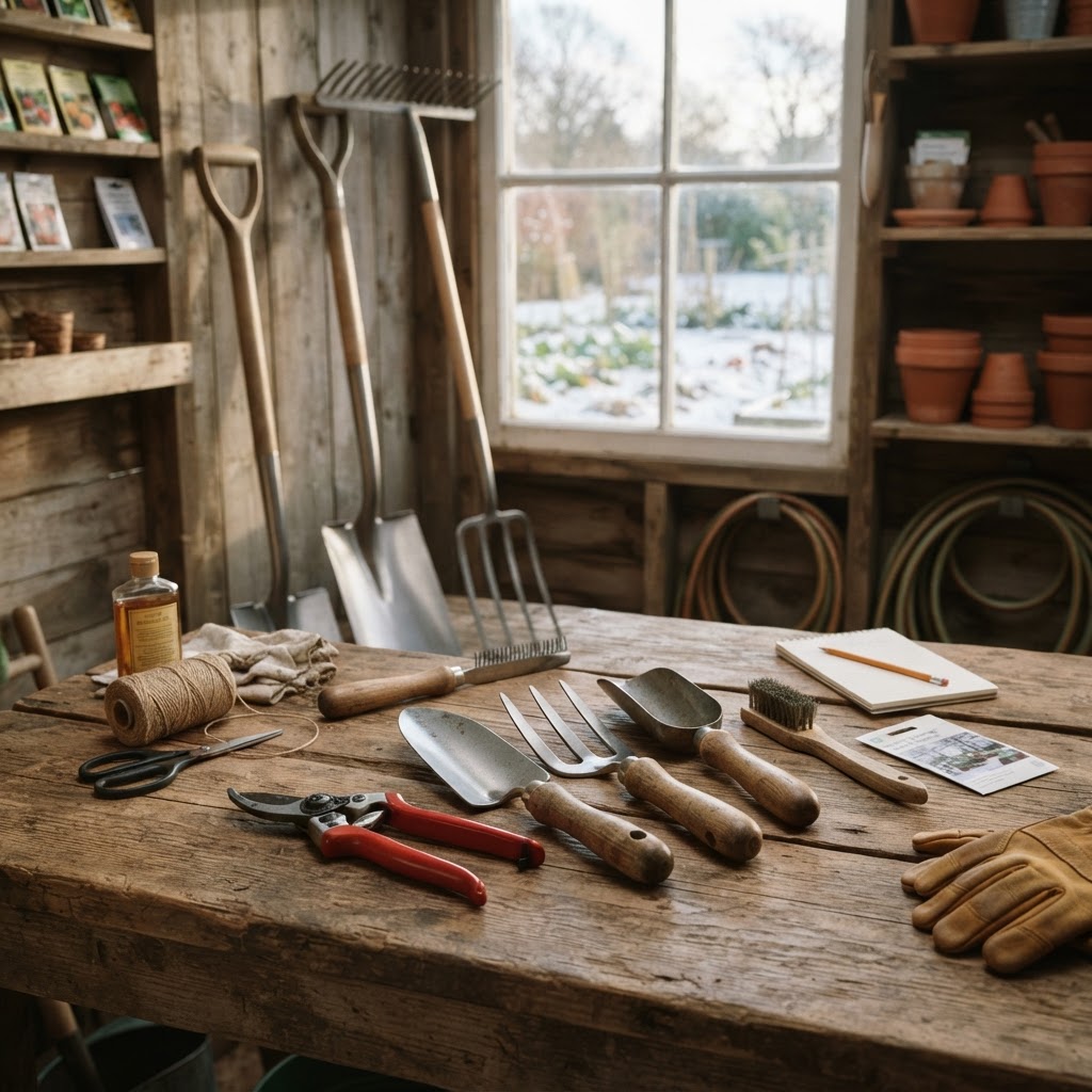 Cleaned garden hand tools displayed on a wooden table, representing winter maintenance.