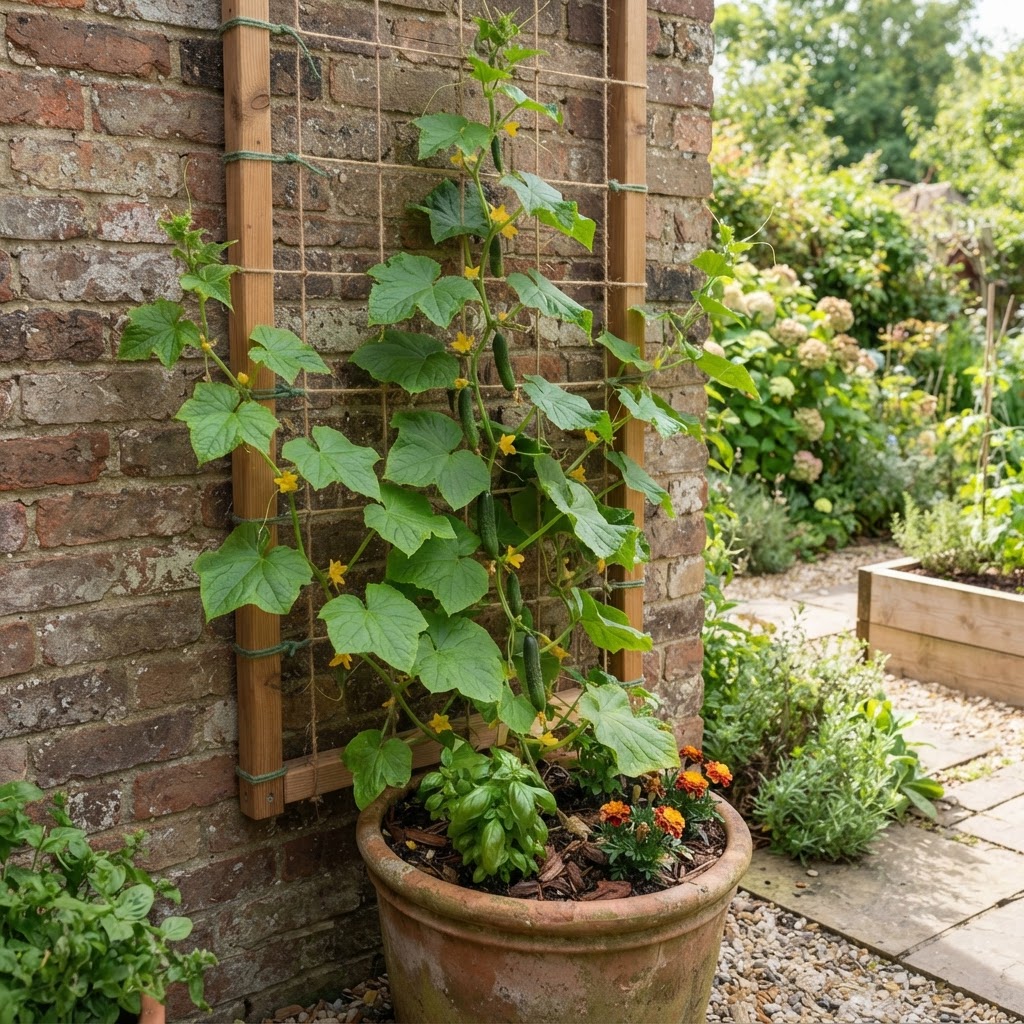 A clear diagram demonstrating how to use a vertical trellis for small space vegetable gardening.