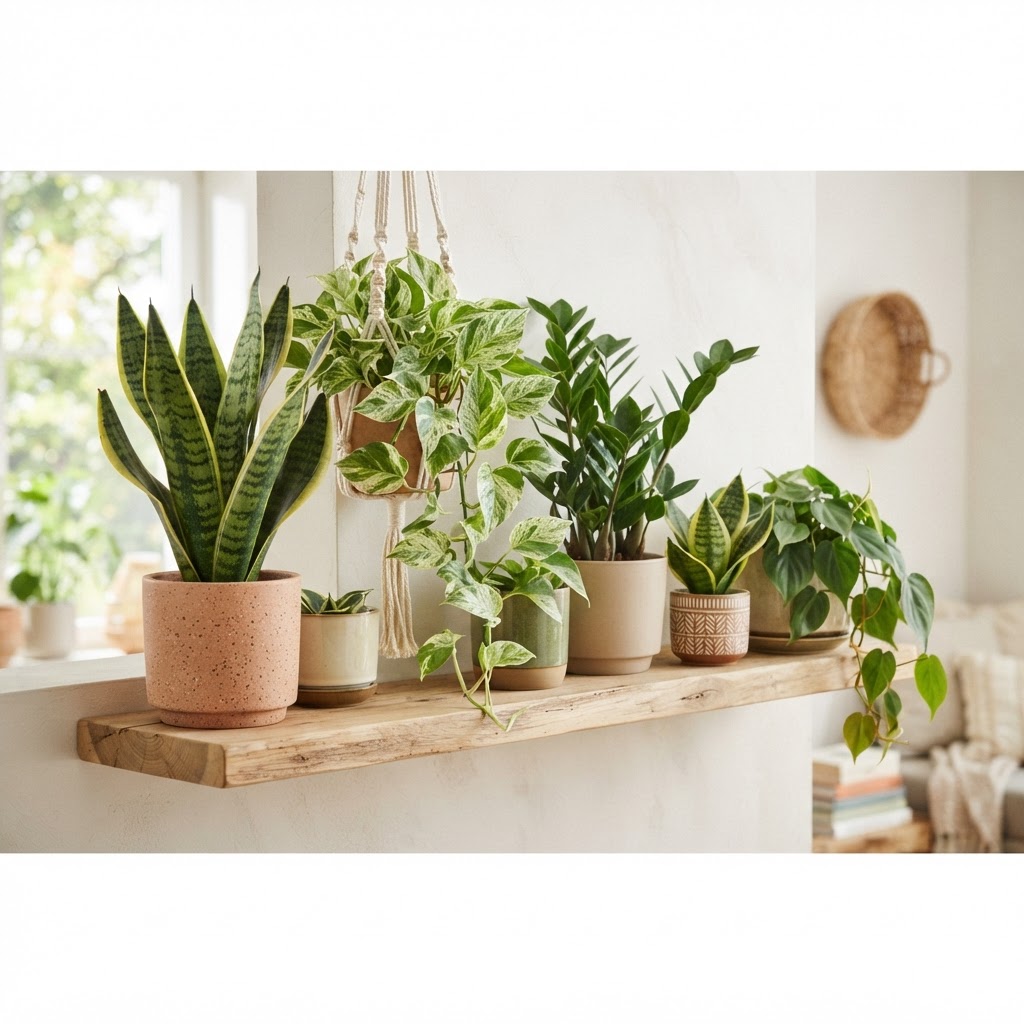 Various low-maintenance indoor plants arranged on a sunny shelf.