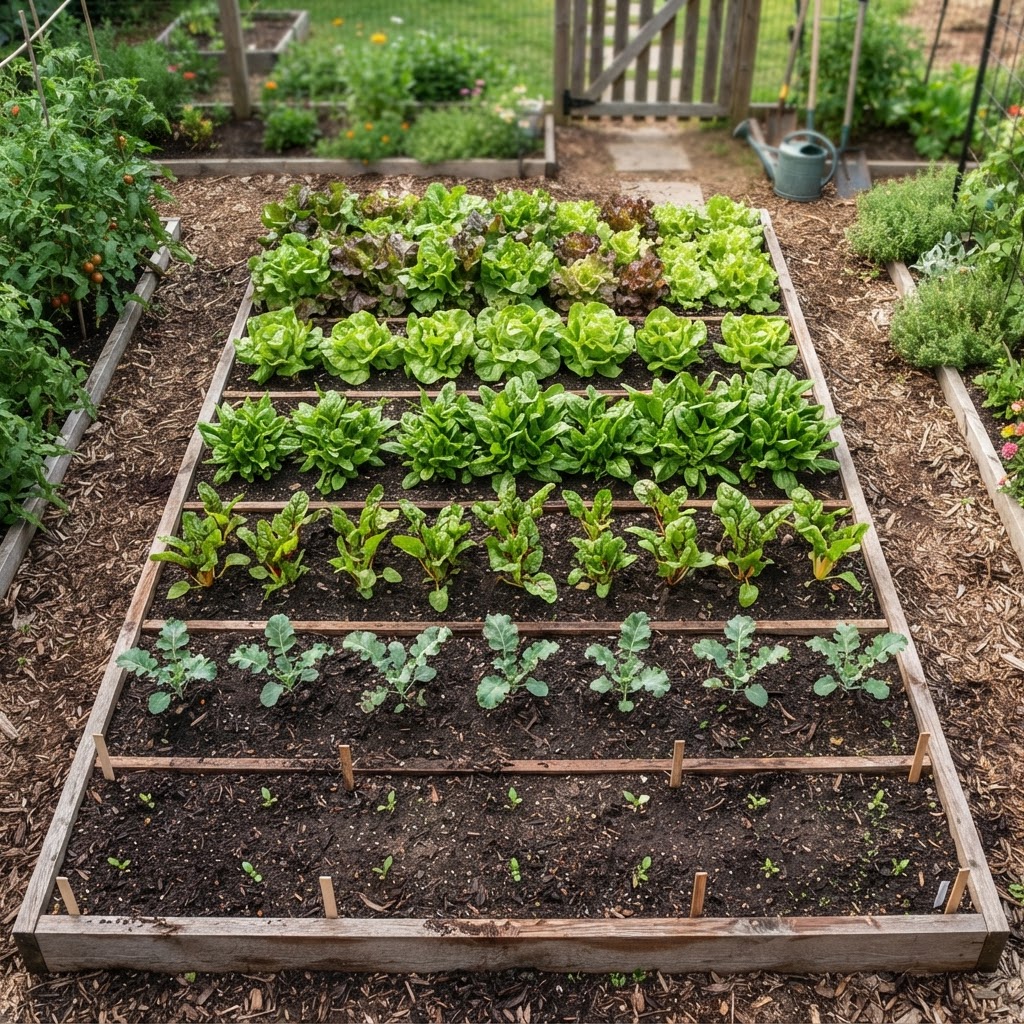Garden bed with rows of crops at different growth stages for continuous harvesting.