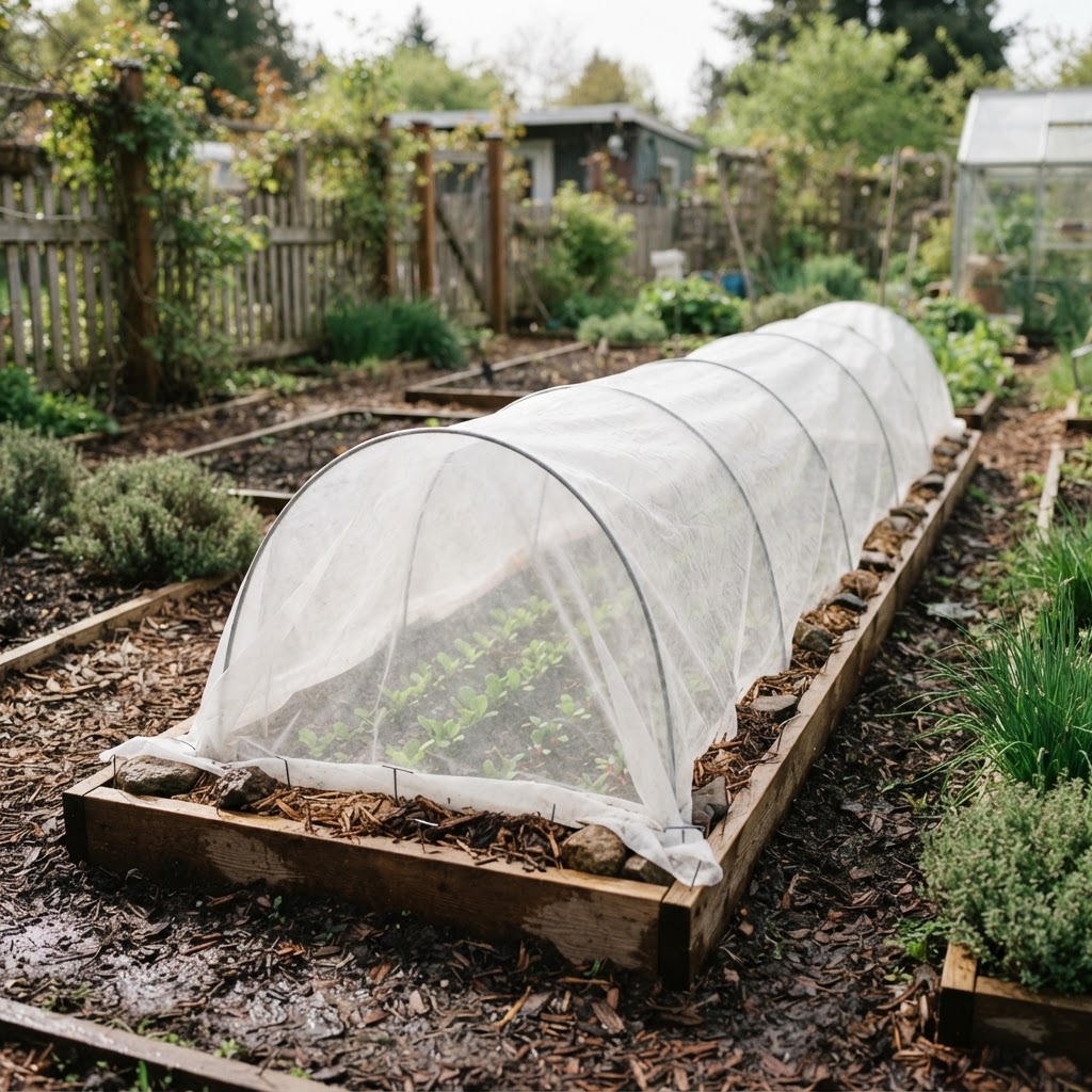 A vegetable garden bed using a fabric row cover to protect young plants during early spring.