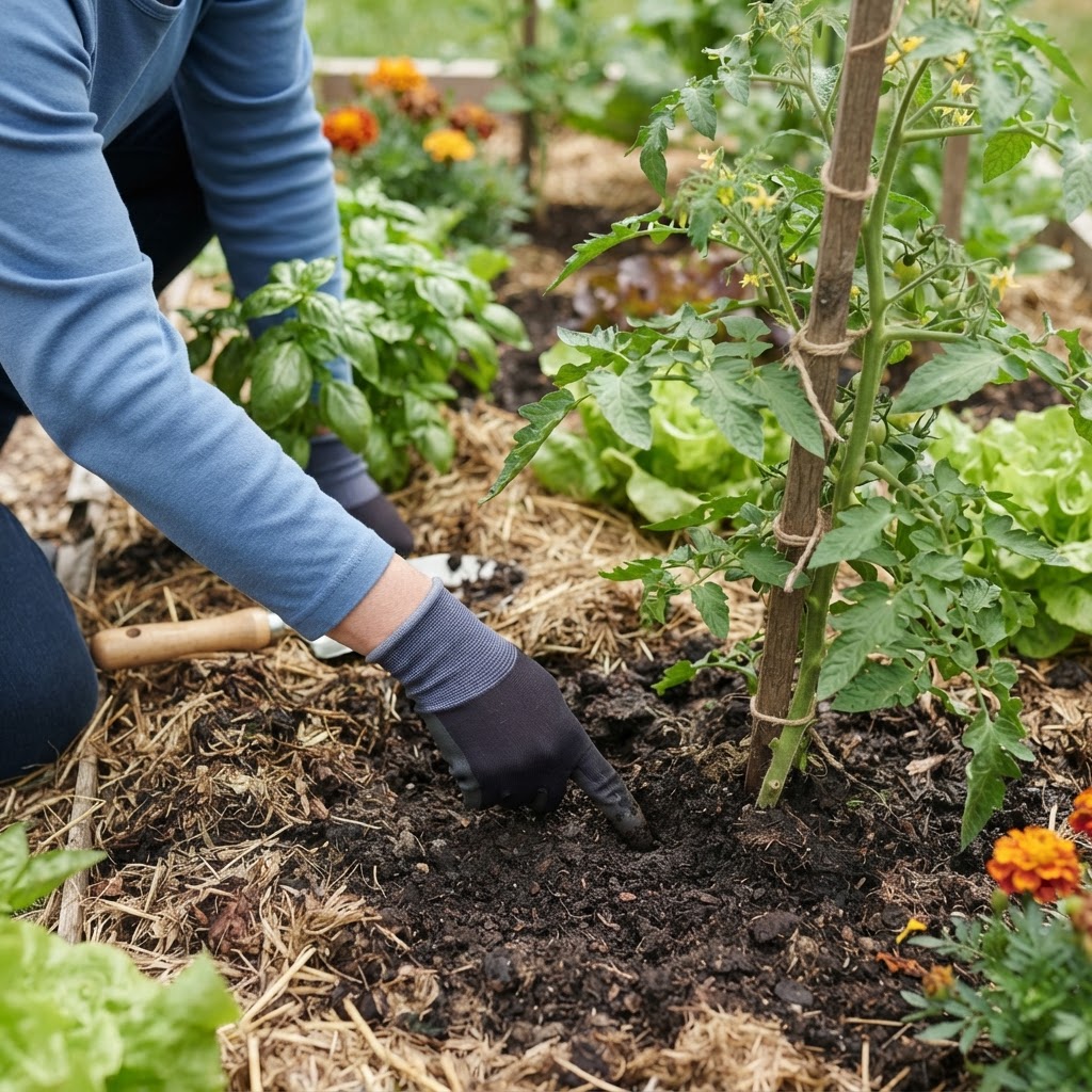 Gardener checking soil moisture in a vegetable garden bed.