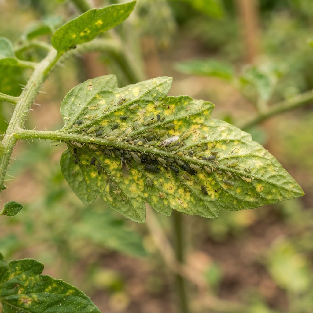 Small aphids clustering on the underside of a leaf showing signs of yellowing.