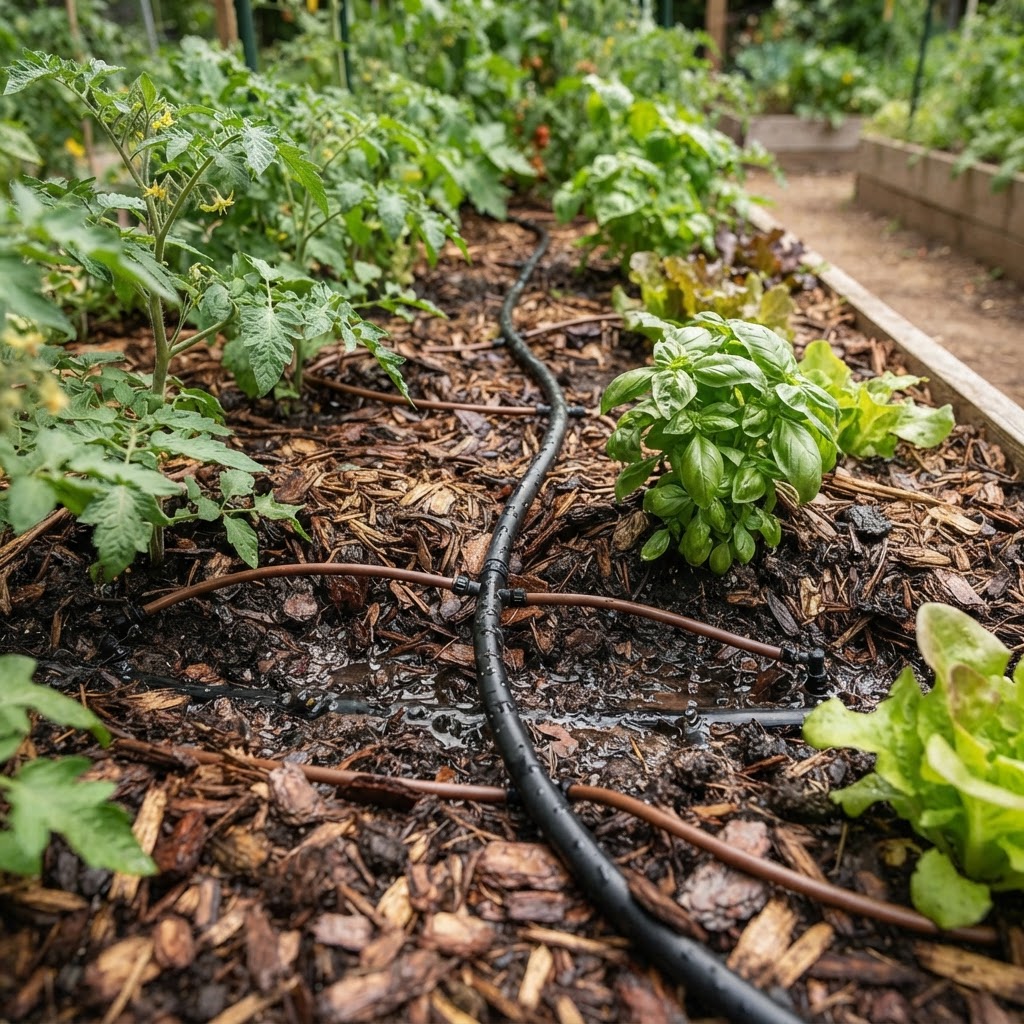 Drip irrigation lines running beneath organic mulch to water vegetable plants.