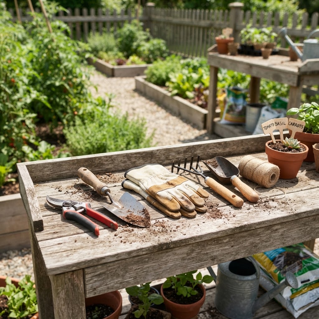 Essential vegetable garden tools for maintenance.