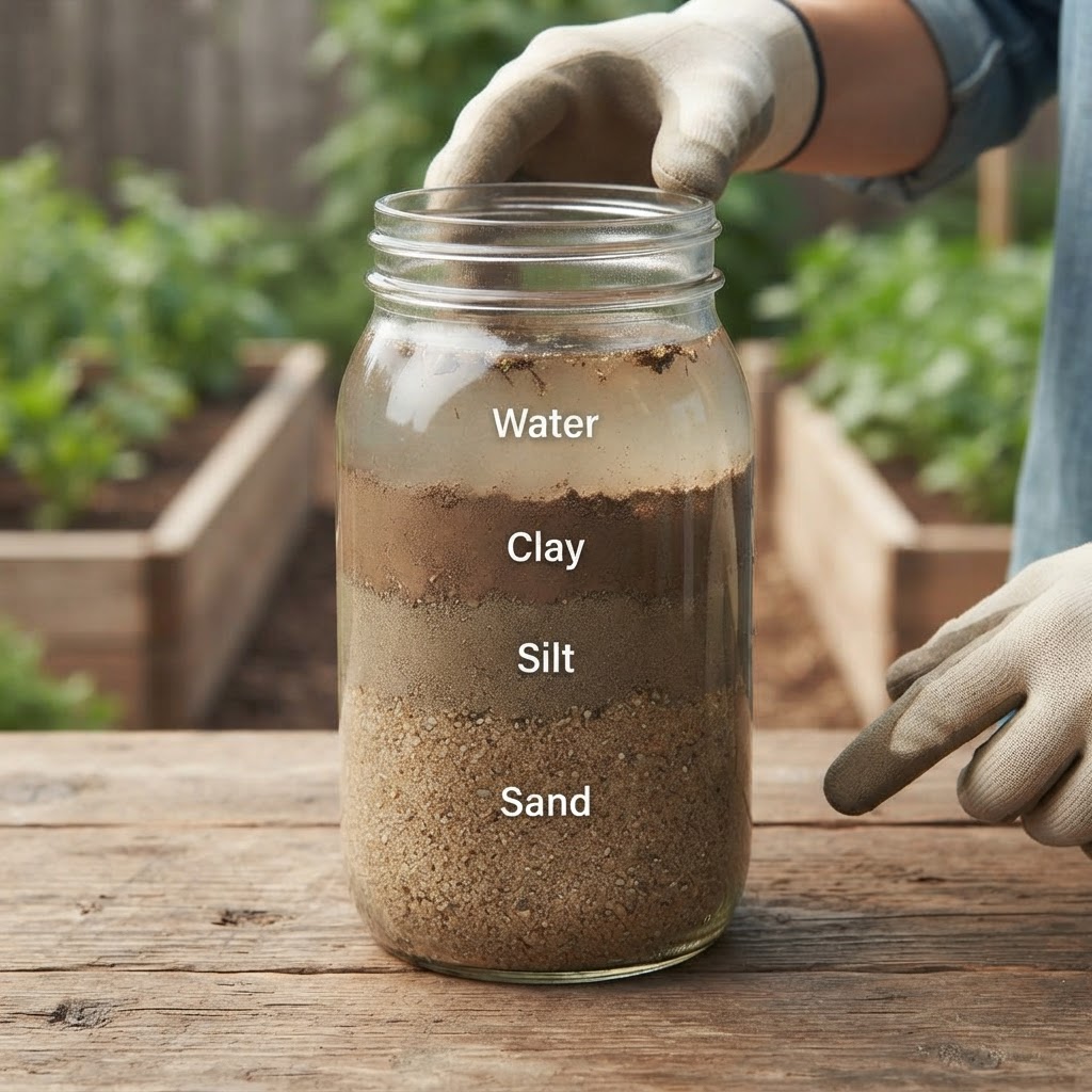Illustration showing the layers of sand, silt, and clay in a glass jar after a soil shake test.