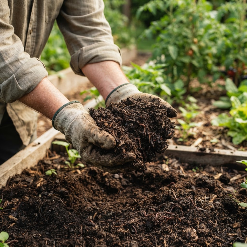 A gardener holding healthy, nutrient-rich soil in their hands to show texture.