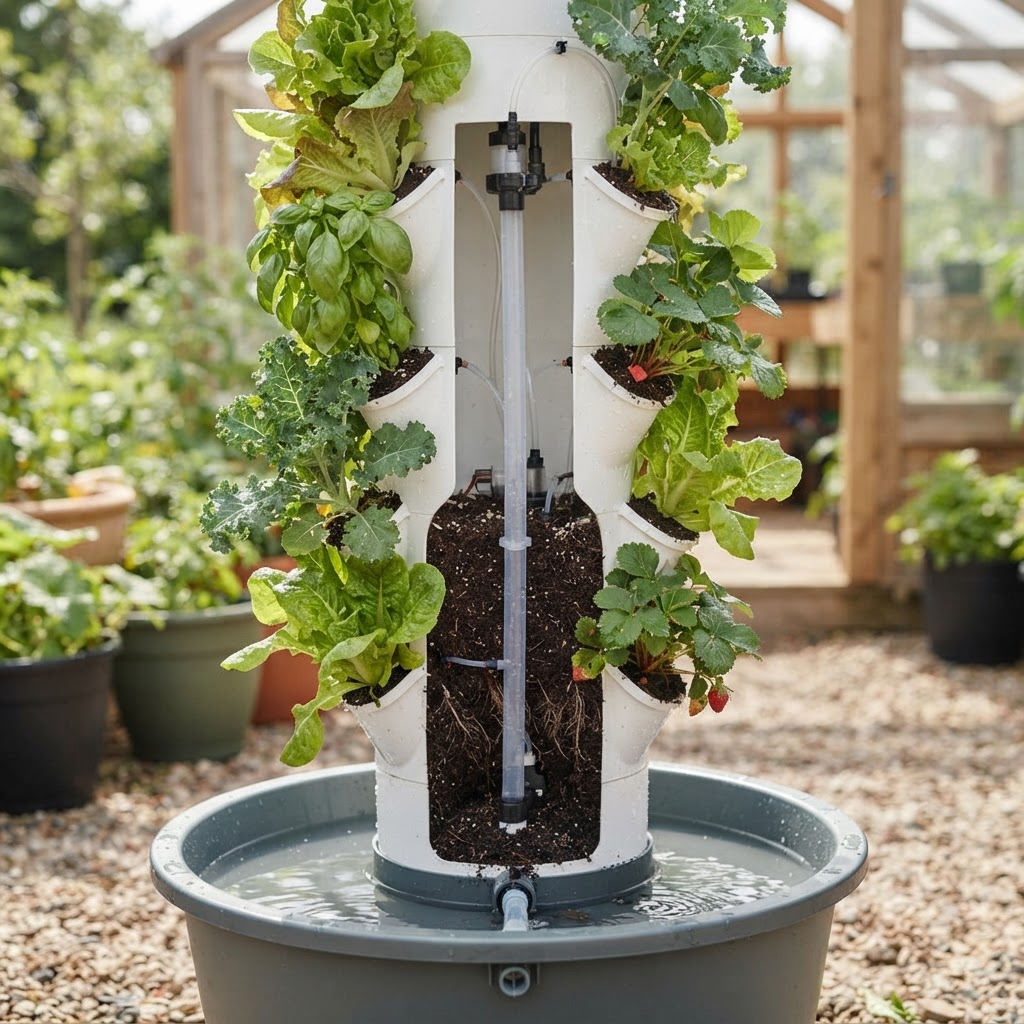 Diagram explaining the components of an indoor tower garden system including drainage and irrigation.