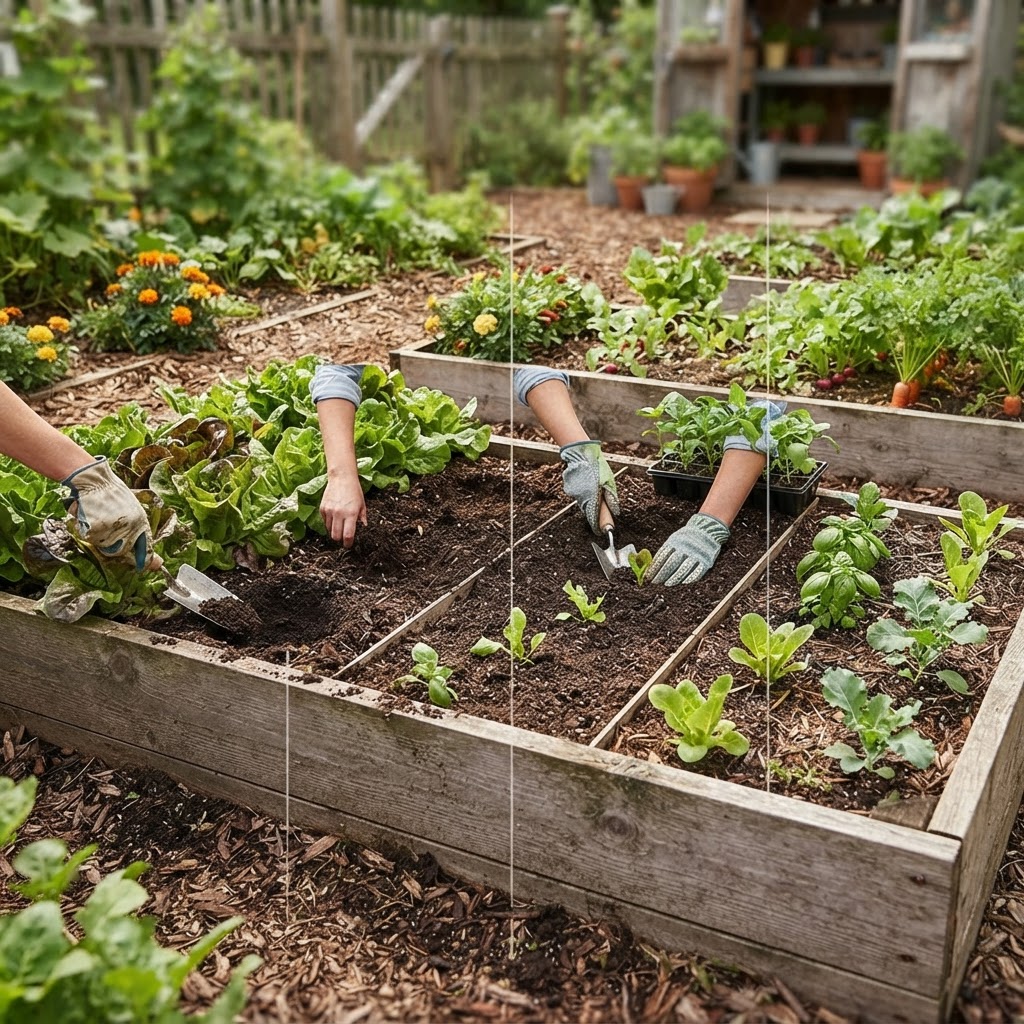 Diagram showing the progression of planting and harvesting cycles in a single garden bed.