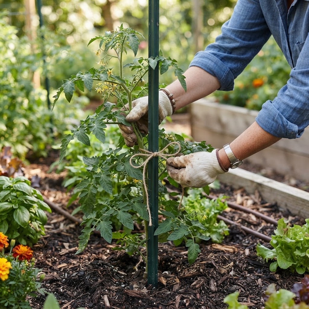 Staking and training a tomato plant for healthy growth.