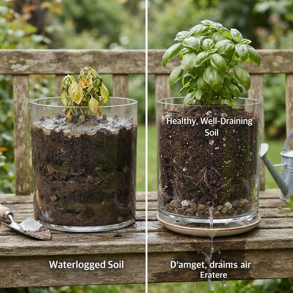 A simple diagram showing healthy soil versus overwatered soil.