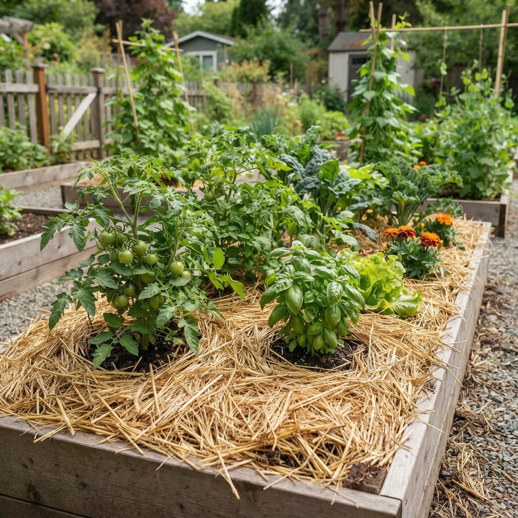 Vegetable garden beds mulched with straw to improve water retention and soil health.