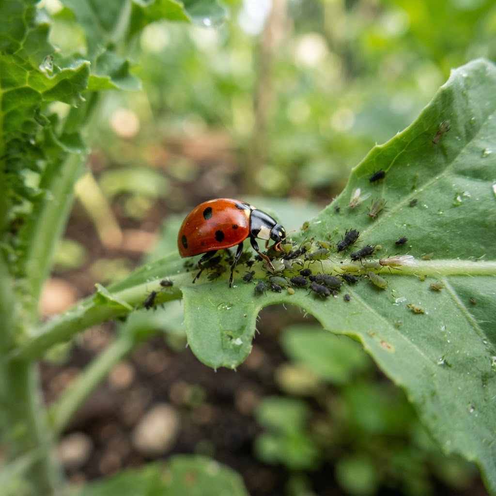 A ladybug eating aphids on a leaf as a form of natural garden pest control.