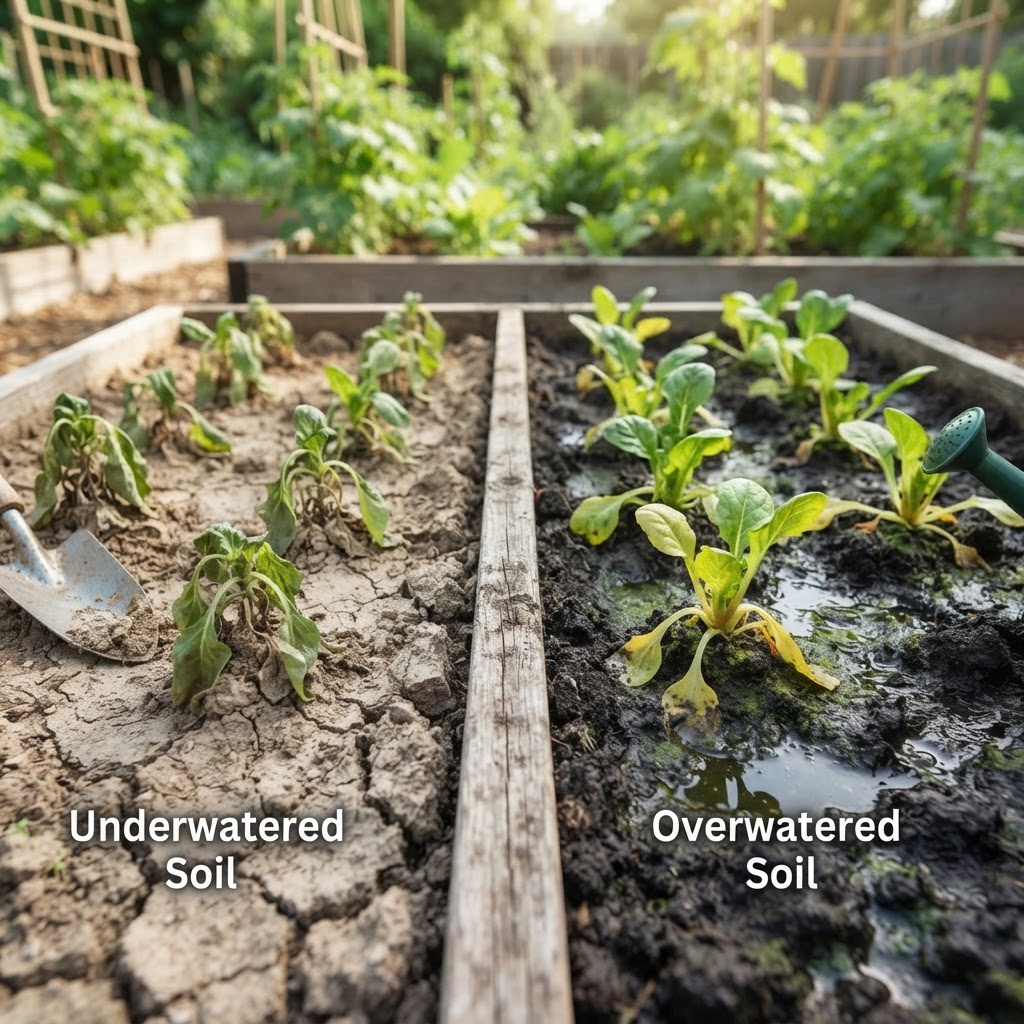 Diagram showing how to check soil moisture with a finger to distinguish between overwatering and underwatering.