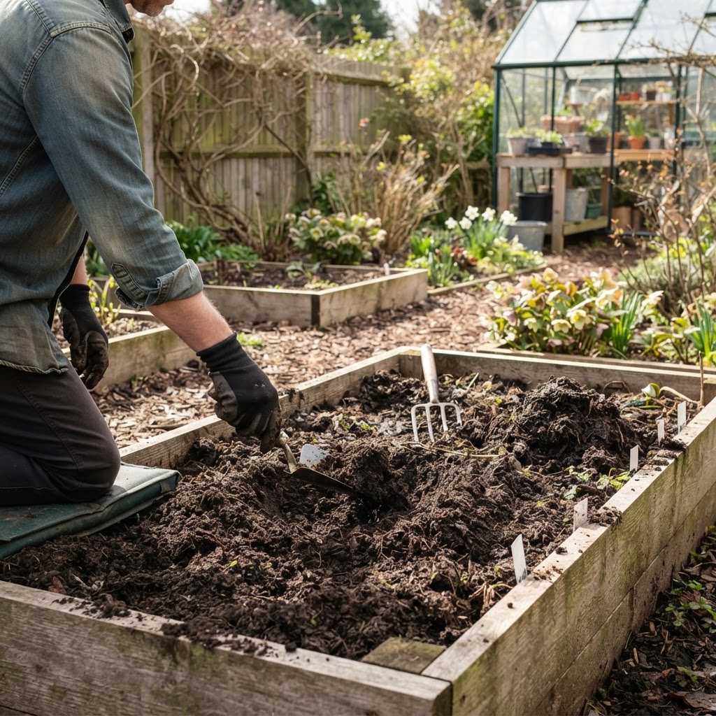A gardener spreading fresh compost into a raised garden bed for spring planting.