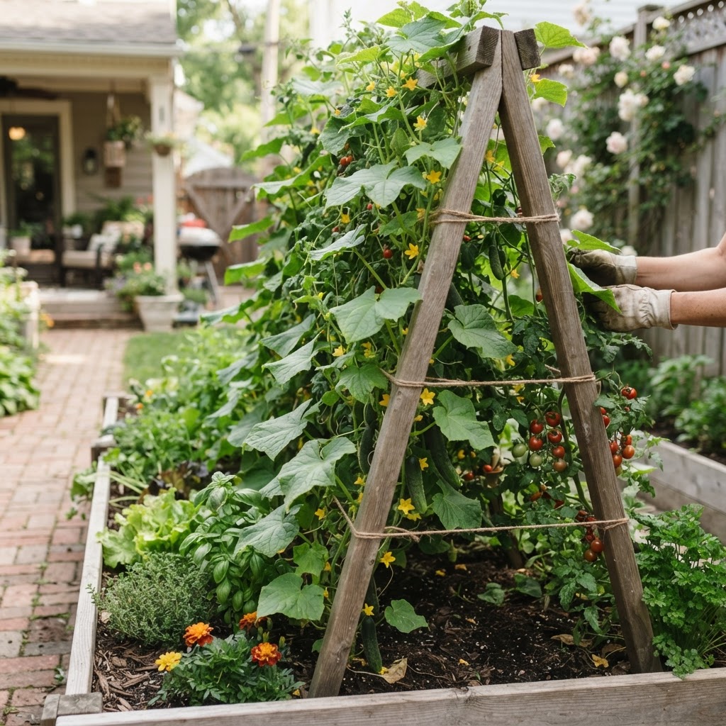 A thriving urban vegetable garden using vertical trellises to maximize growth in a small backyard.