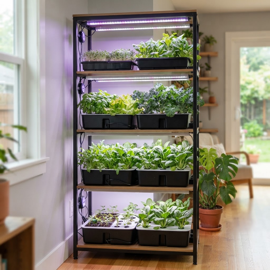 A vertical vegetable garden shelf illuminated by smart LED grow lights for indoor growing.