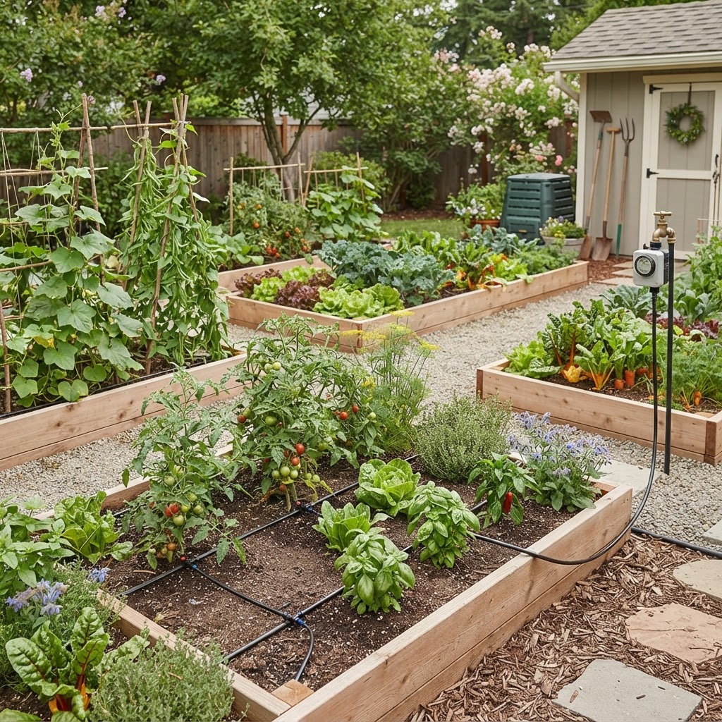 Wide shot of a well-organized vegetable garden with smart sensors visible