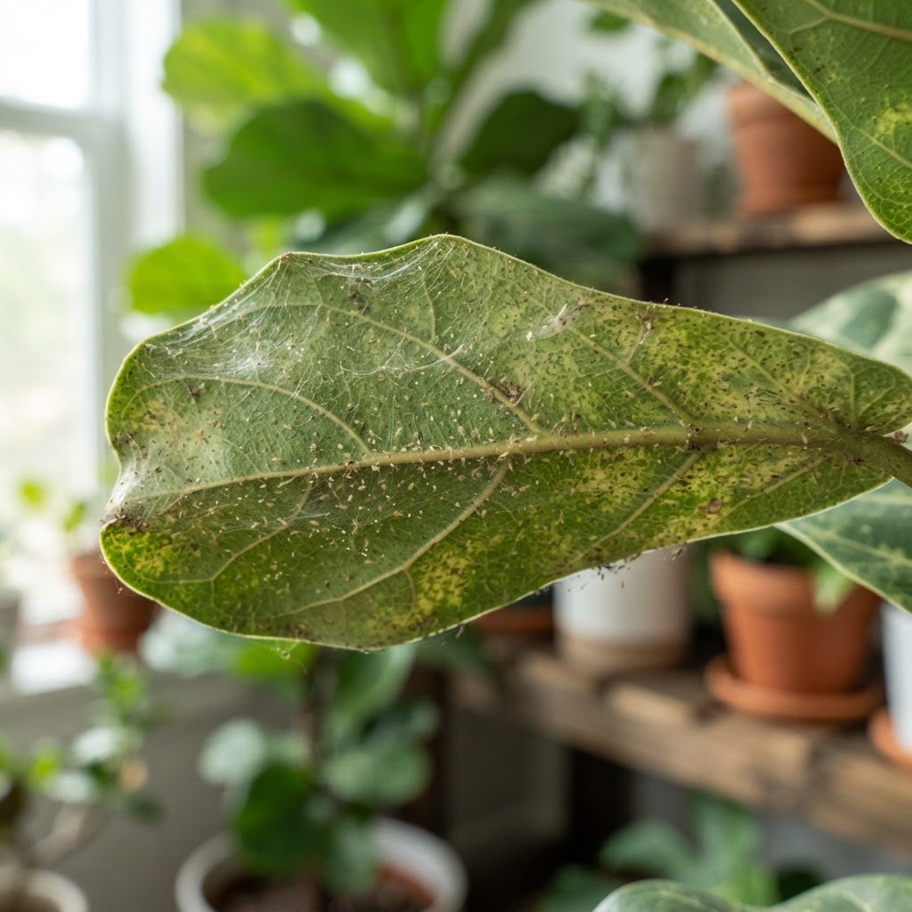 Spider mite webbing on a plant leaf.