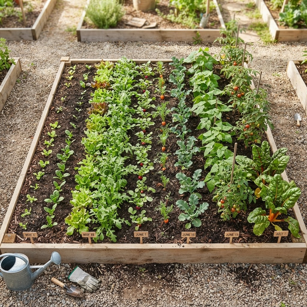 A vegetable garden bed showing different growth stages of crops for succession planting.