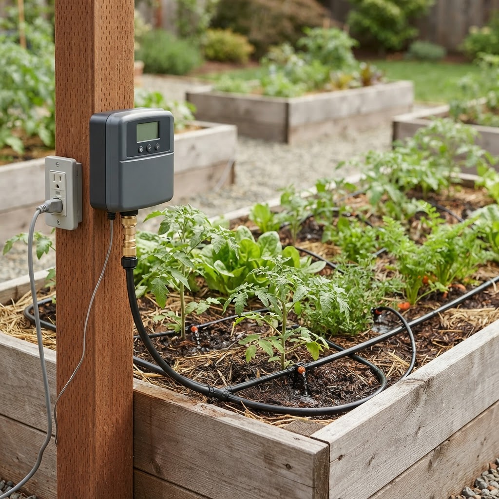 Diagram showing how a smart irrigation controller connects to a hose system in a small garden