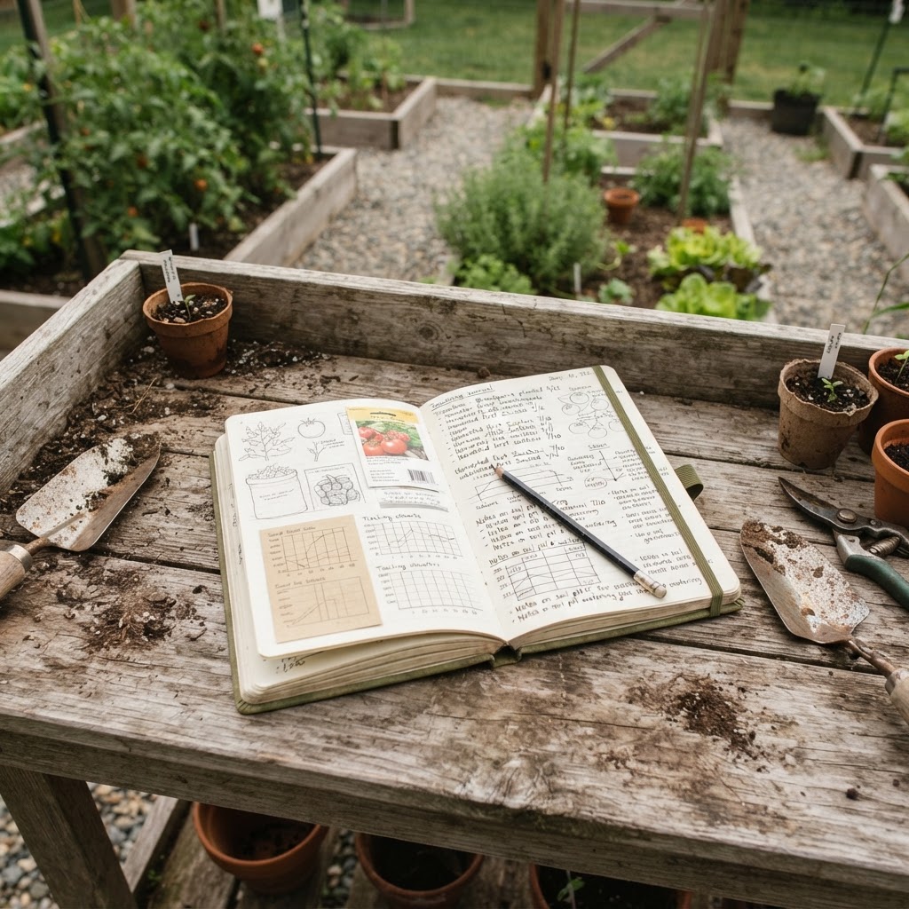 An open garden journal with organized notes and data about vegetable growth.