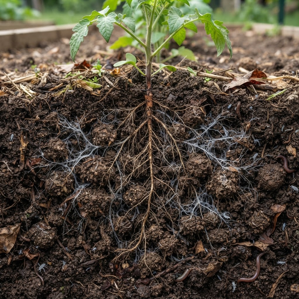 An illustration showing healthy soil structure with roots and fungal networks.