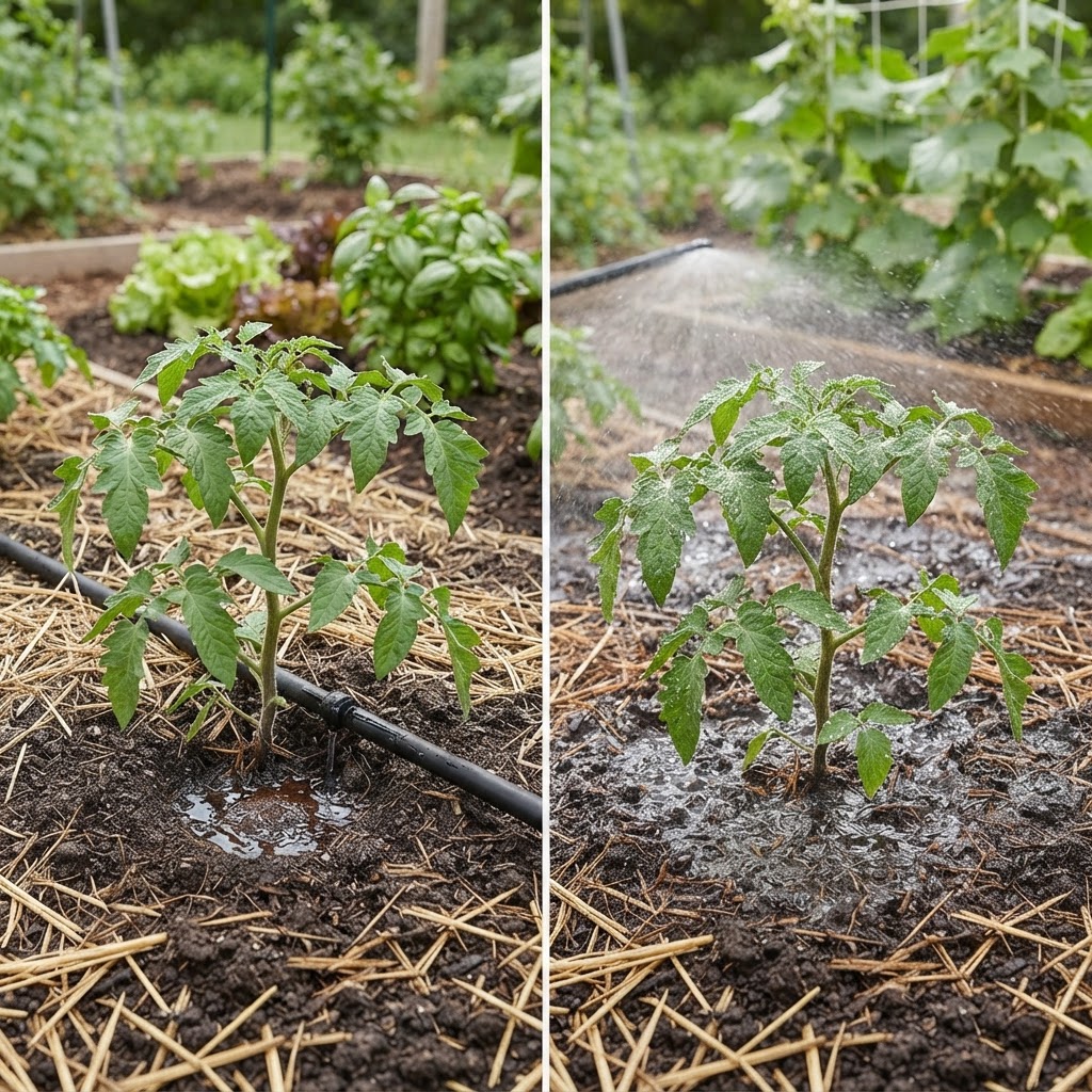 Comparison of drip irrigation delivering water to roots versus overhead watering.