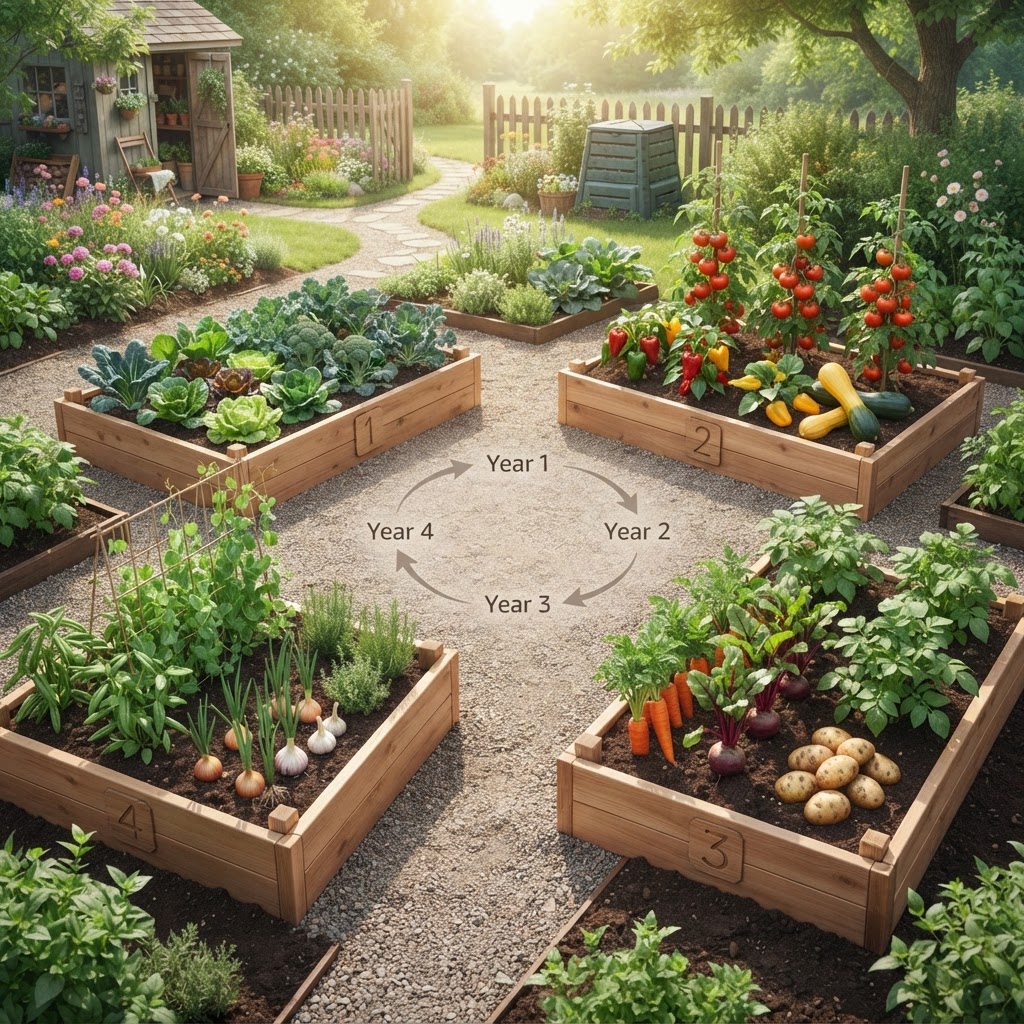 A diagram illustrating the cycle of moving vegetable families between different garden beds.