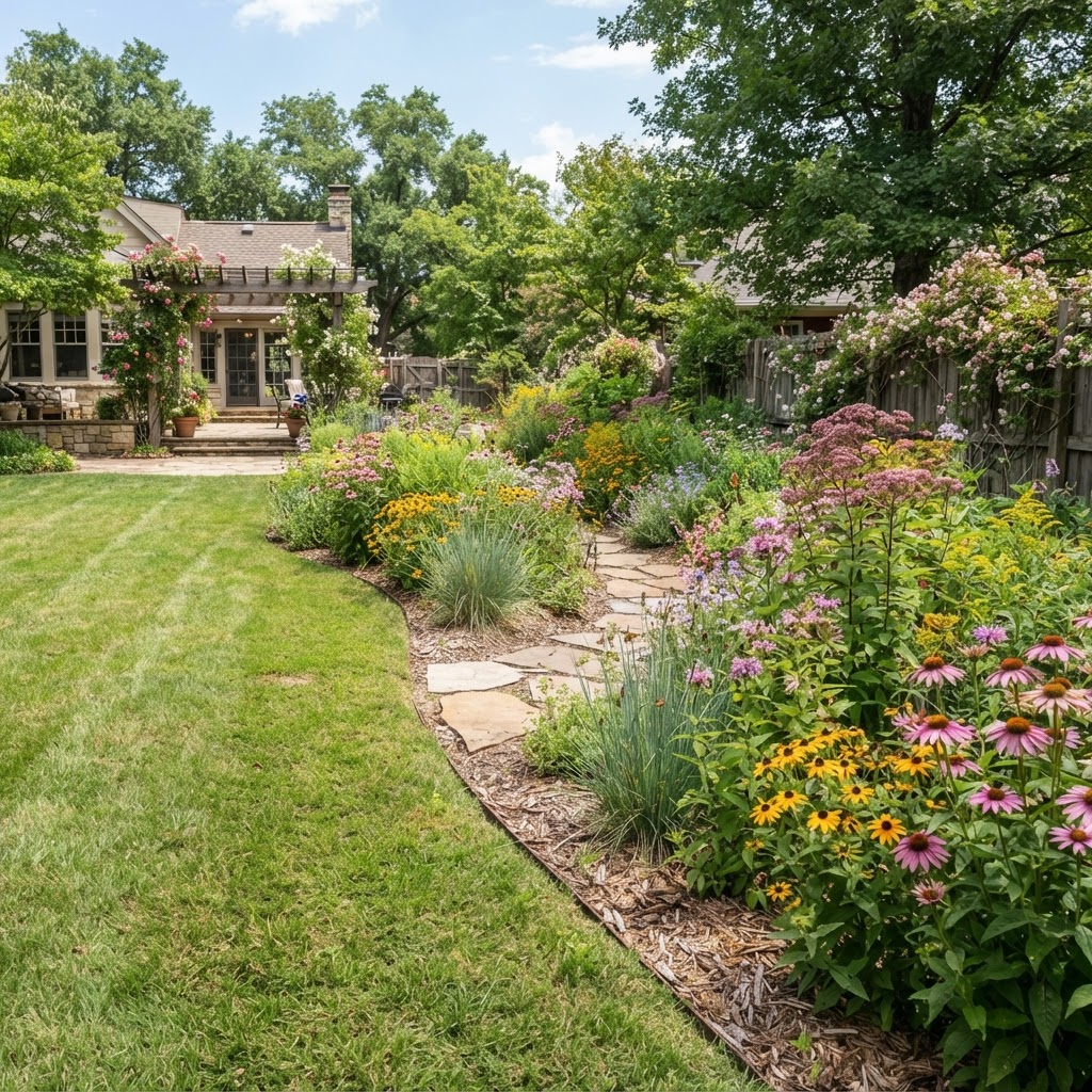 A backyard landscape transitioning from traditional lawn to native meadow plants.