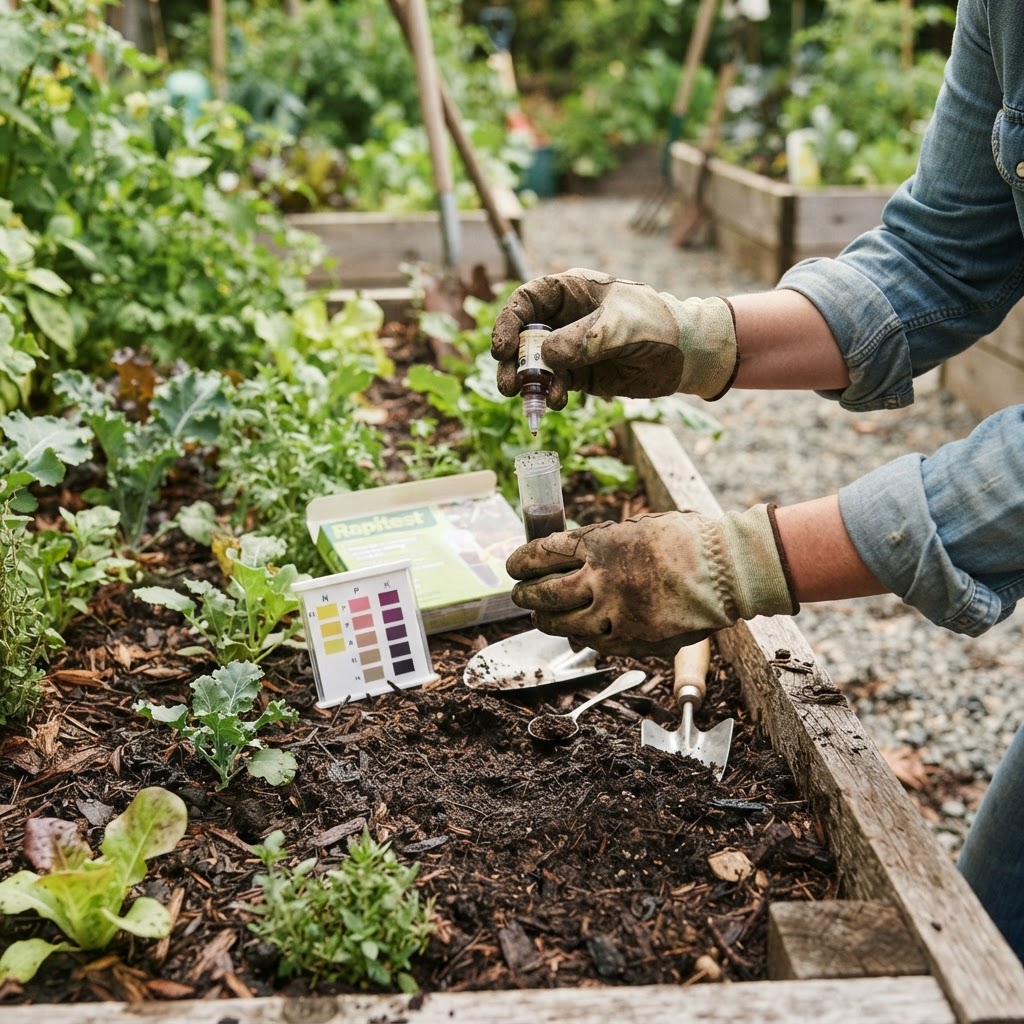 Close up of a person testing the soil in a garden bed with a handheld probe.