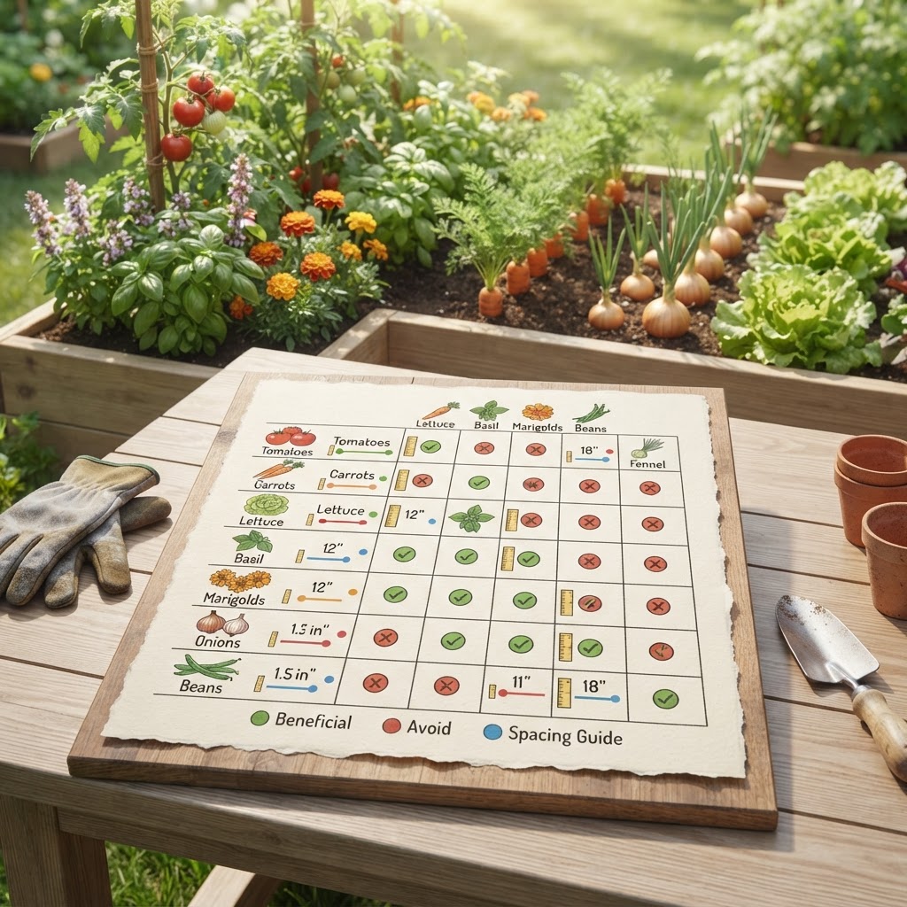 A helpful chart illustrating companion planting combinations for vegetable gardens.