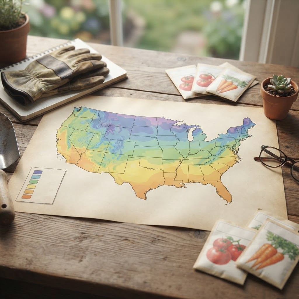 A colorful map showing various USDA plant hardiness zones across the United States.