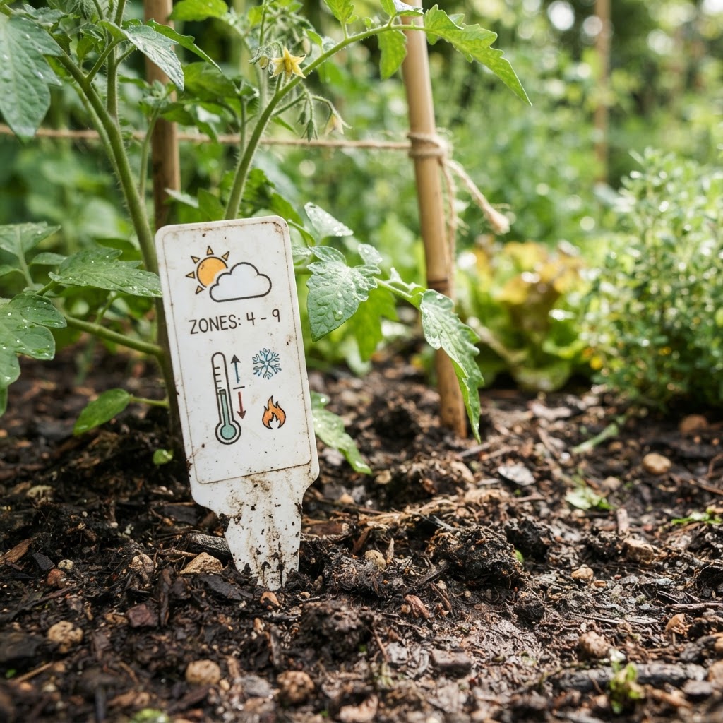 A plant nursery tag showing specific hardiness zone requirements for a vegetable plant.