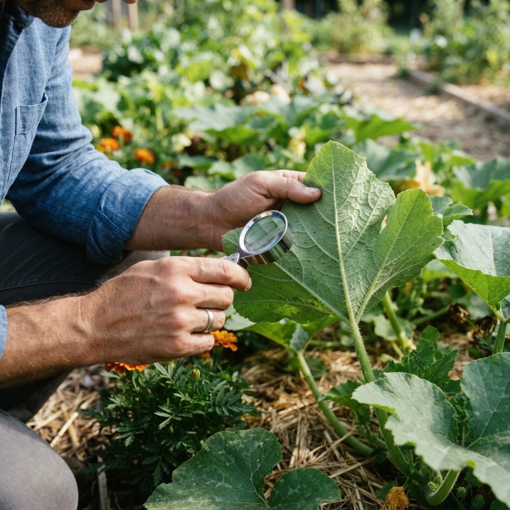 A home gardener monitoring vegetable plants for early signs of pest damage.