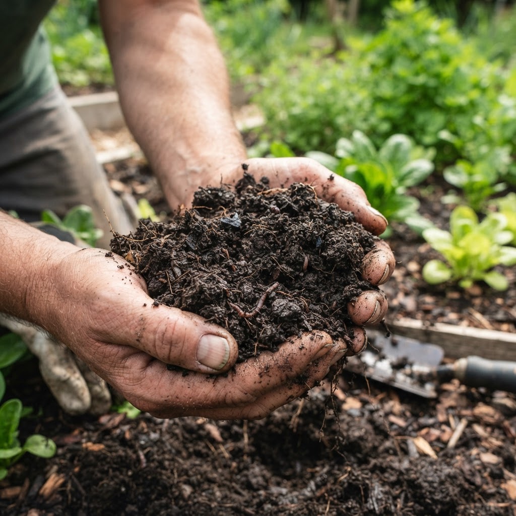 Gardener holding a handful of dark, nutrient-rich, crumbly garden soil.