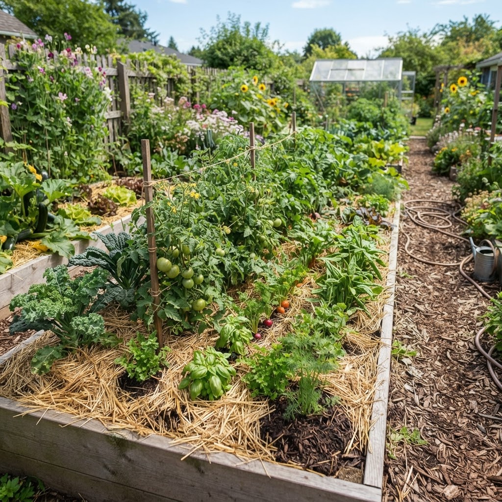 A thriving vegetable garden with a layer of straw mulch covering the soil to retain moisture.