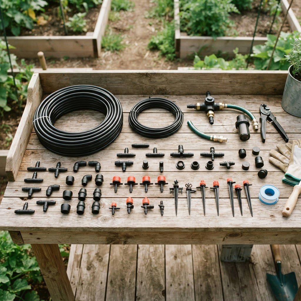 An assortment of drip irrigation components such as poly tubing, emitters, and various connectors ready for installation.