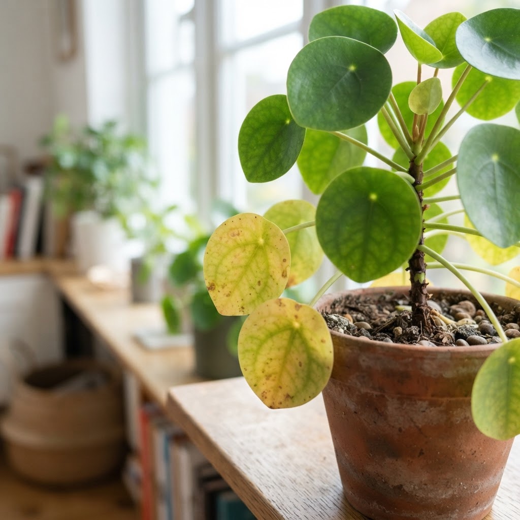 Close-up of a houseplant leaf showing yellowing signs.