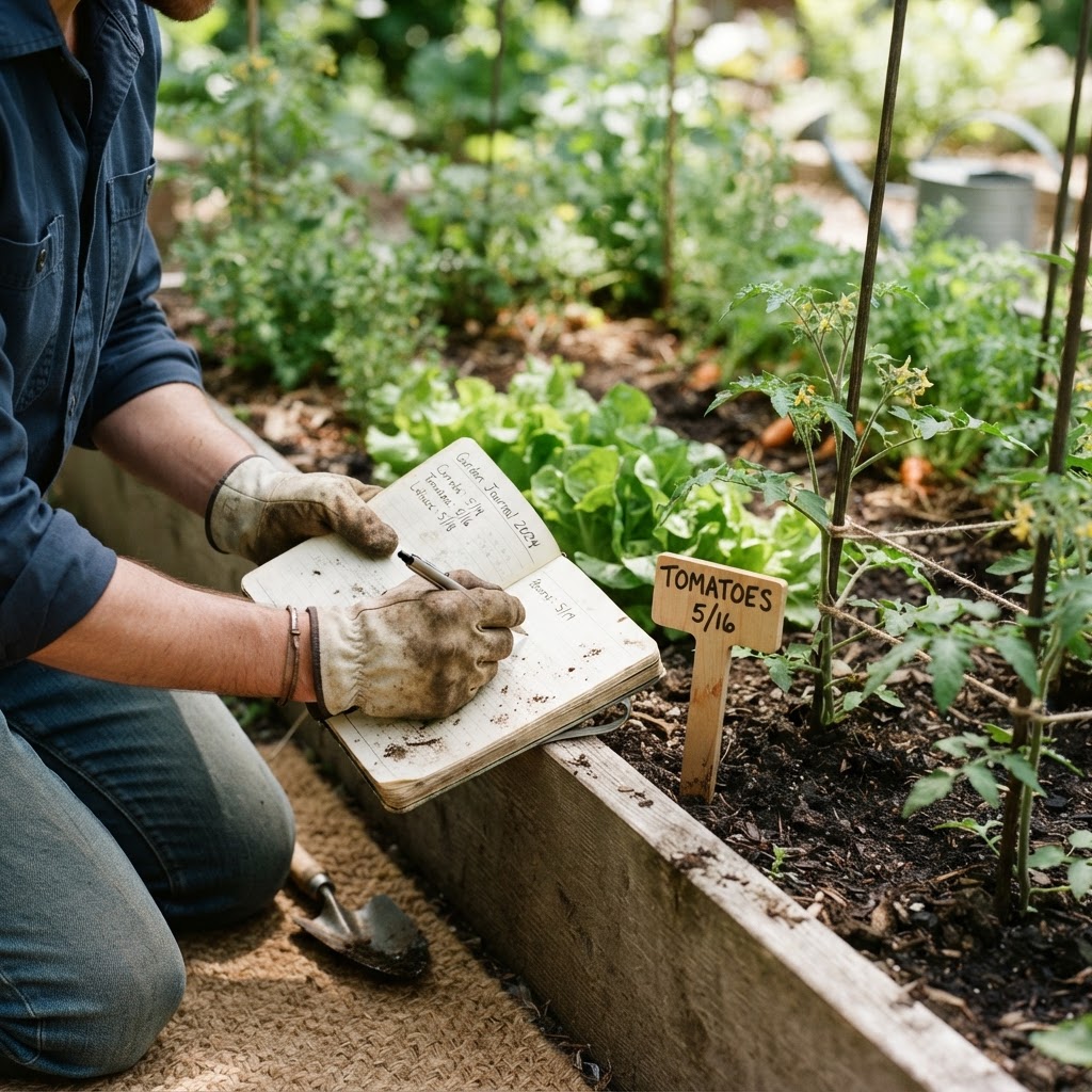 A gardener using a notebook and plant markers to track planting successions.