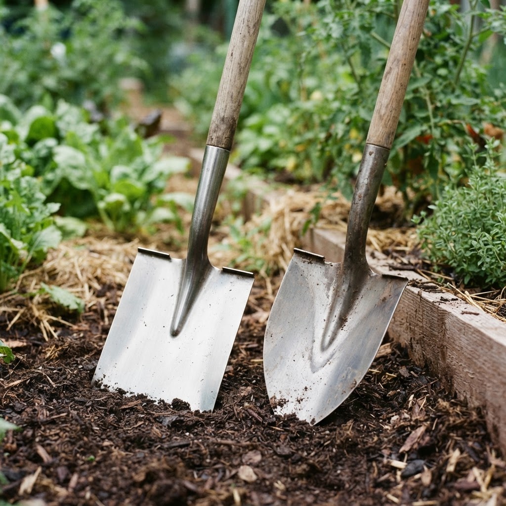Comparison of a garden spade blade and a shovel blade side-by-side.
