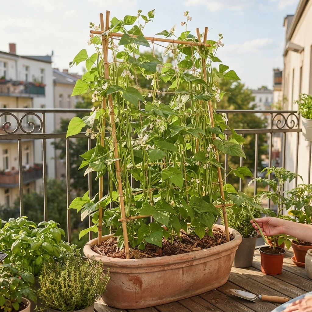 Pole beans growing vertically on a trellis on a small apartment balcony.