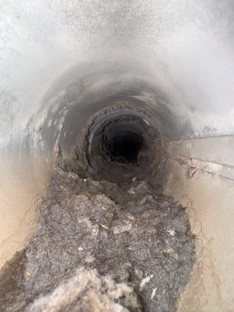 Dryer vent clogged with lint before cleaning.