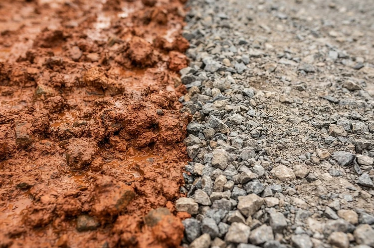 Wet Tennessee red clay soil beside a properly compacted crushed gravel base