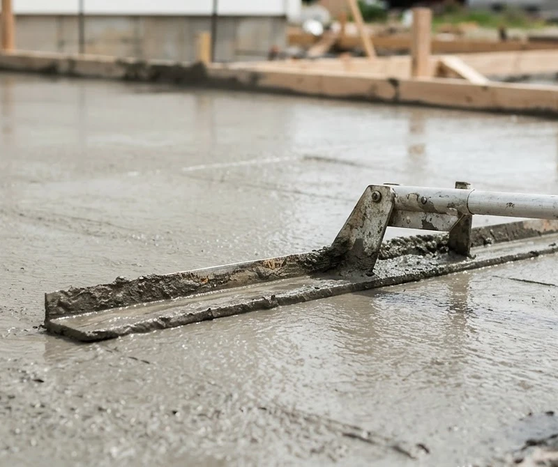 A magnesium float smoothing wet concrete on a fresh residential pour