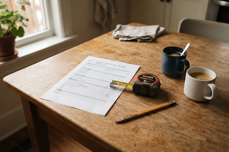 A written itemized construction proposal on a kitchen table with a carpenter pencil and tape measure