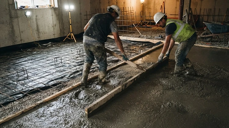 Basement floor concrete pour in progress with vapor barrier and rebar visible at the slab edge