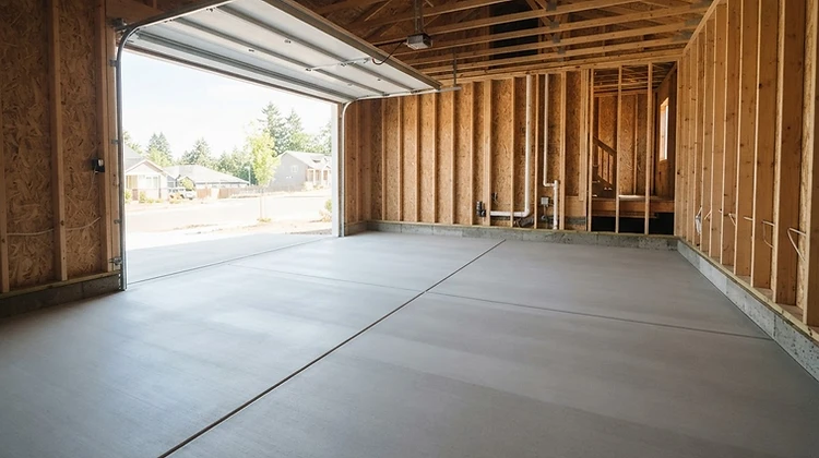 Clean new concrete garage floor slab with saw-cut control joints inside a garage under construction