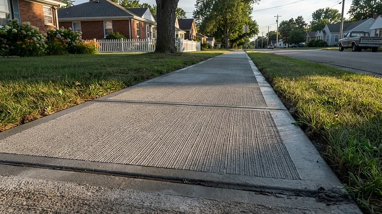 Freshly poured broom-finished concrete sidewalk with crisp tooled joints